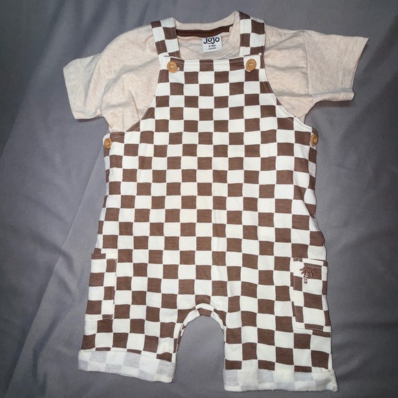 JoJo Maman Bebe Other - JoJo Baby Toddler 12-18m Brown White Checkered Overalls Romper Outfit